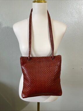 Indeed Woven Leather Cognac Brown Structured Shoulder Handbag Quiet Luxury Vtg